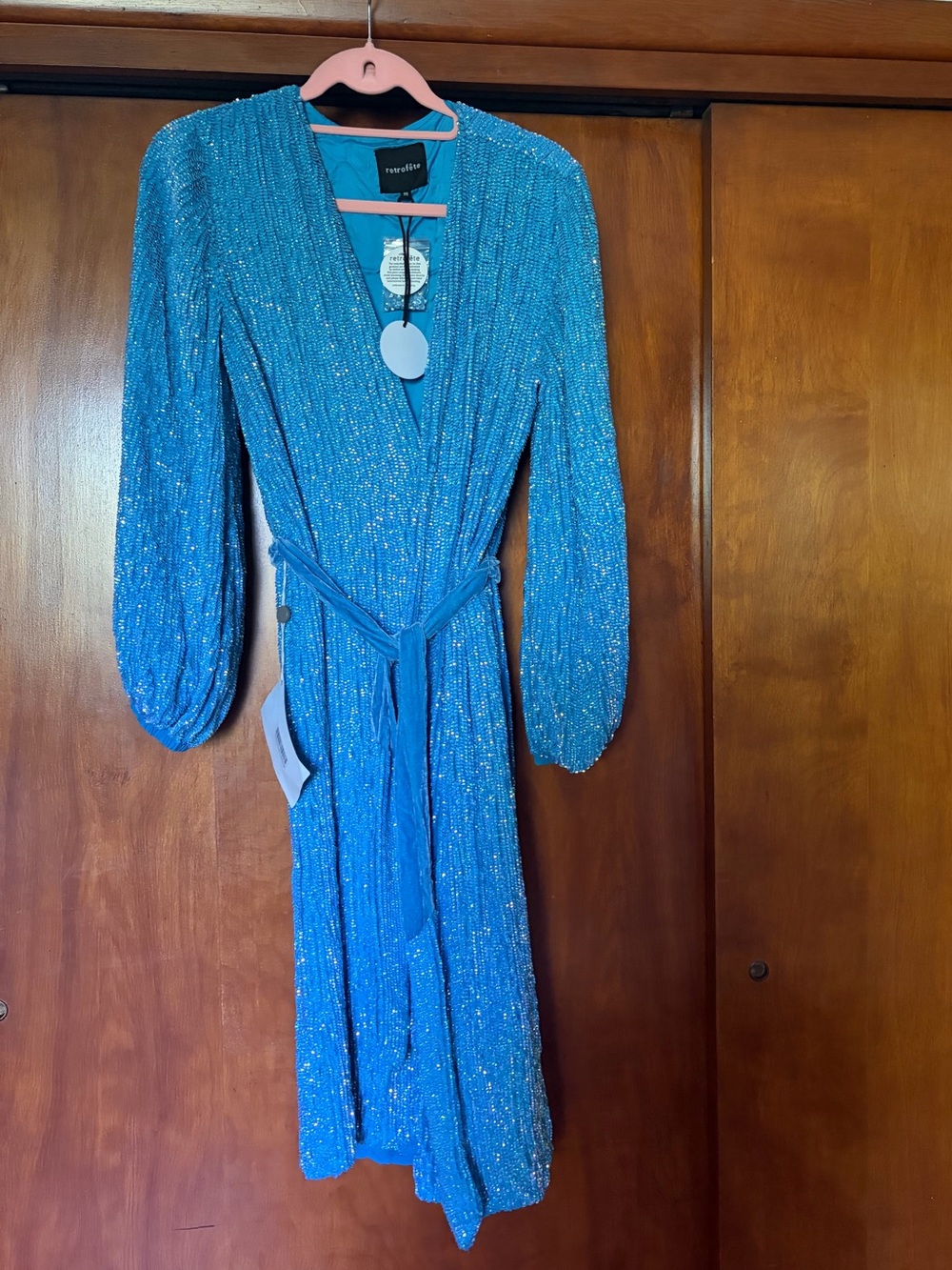 Retrofete Blue Sequin Midi Wrap Dress with Belt